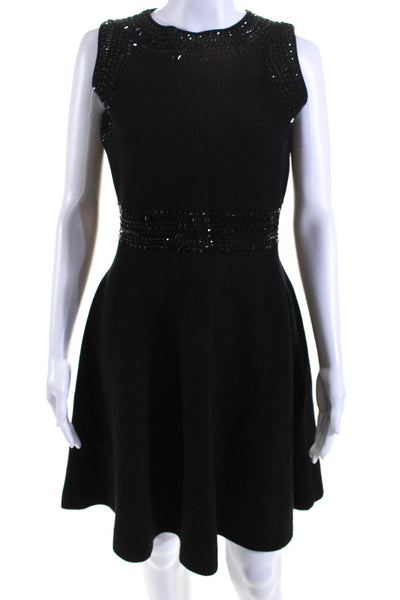 Milly Womens Stretch Knit Crystal Detail Sleeveless Zip Up Dress Black Size L