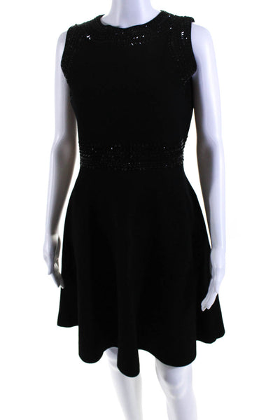 Milly Womens Stretch Knit Crystal Detail Sleeveless Zip Up Dress Black Size L