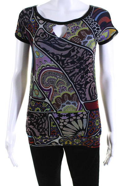 Fuzzi Womens Stretch Abstract Print Short Sleeve Blouse Top Multicolor Size M