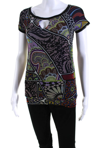 Fuzzi Womens Stretch Abstract Print Short Sleeve Blouse Top Multicolor Size M