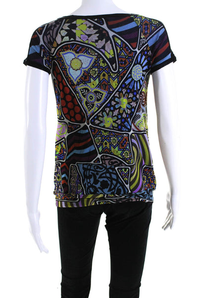 Fuzzi Womens Stretch Abstract Print Short Sleeve Blouse Top Multicolor Size M