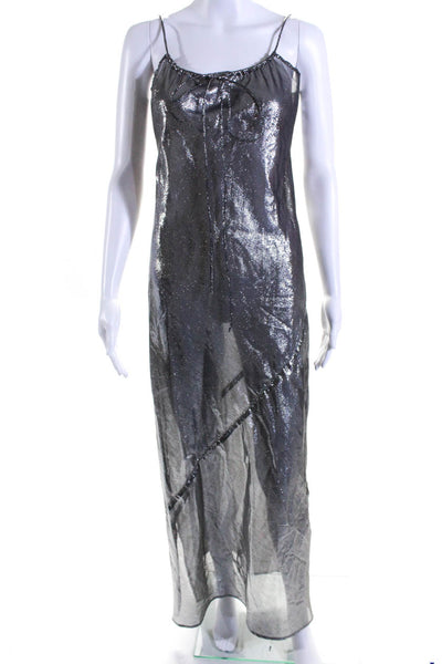 Lisa Marie Fernandez Womens Metallic Spaghetti Strap Midi Slip Dress Silver Sz 1