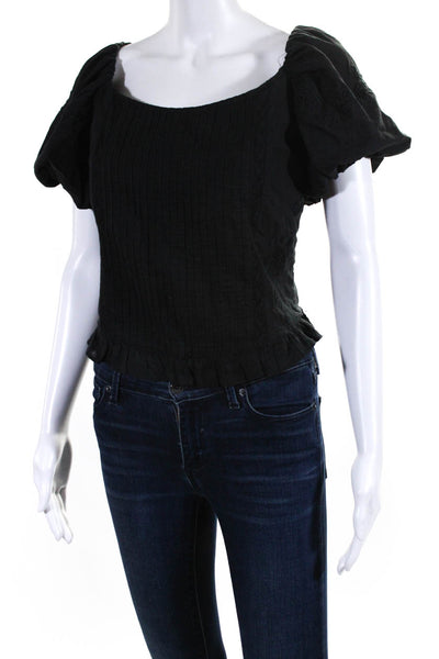 Love Shack Fancy Womens Short Puffy Sleeves Blouse Black Cotton Size 14