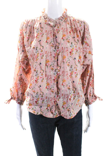 Not Shy Womens Cotton Floral Print Ruched Bishop Sleeve Blouse Pink Size XS