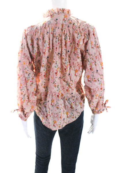 Not Shy Womens Cotton Floral Print Ruched Bishop Sleeve Blouse Pink Size XS