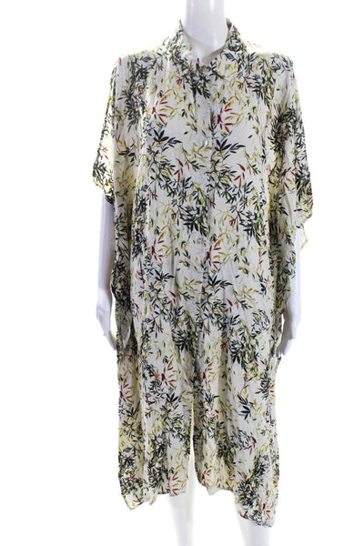 Wildwood Womens Graphic Plant Print Buttoned Collared Draped Dress Beige Size S