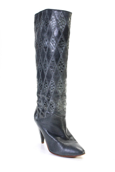 Candela NYC Womens Embossed Geometric Leather Cone Heels Boots Gray Size 8.5