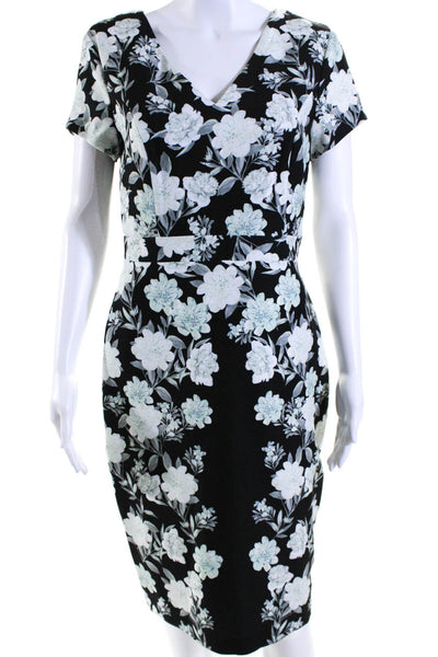 Karl Lagerfeld Womens Floral V-Neck Short Sleeve Zip Up Midi Dress Black Size 6