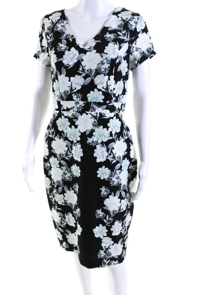 Karl Lagerfeld Womens Floral V-Neck Short Sleeve Zip Up Midi Dress Black Size 6