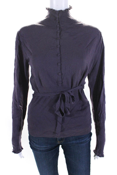 Elie Tahari Womens Frill Collar Button Up Pullover Sweater Purple Wool Large