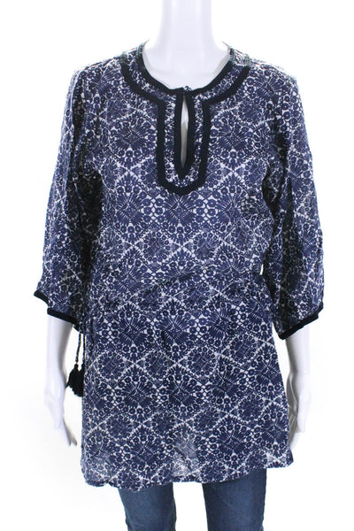 Tory Burch Womens Y Neck Drawstring Waist 3/4 Sleeve Tunic Blouse Navy Medium