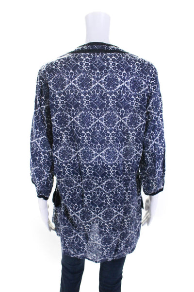 Tory Burch Womens Y Neck Drawstring Waist 3/4 Sleeve Tunic Blouse Navy Medium