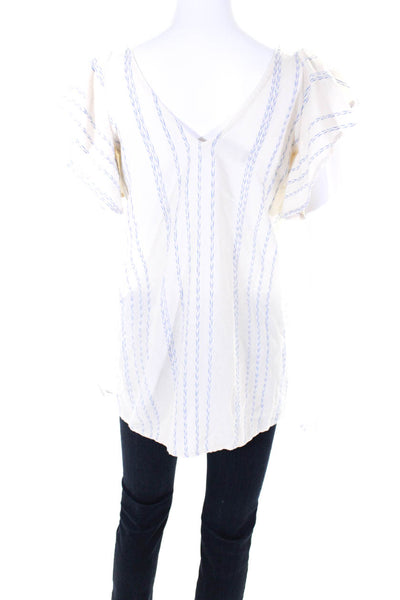 Hatch Womens Cotton Striped Ruffled Short Sleeve Pullover Blouse White Size 2