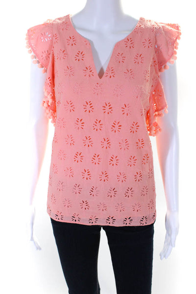 Lily Pulitzer Womens Cotton Eyelet Lace V Neck Pompom Trim Blouse Pink Size S