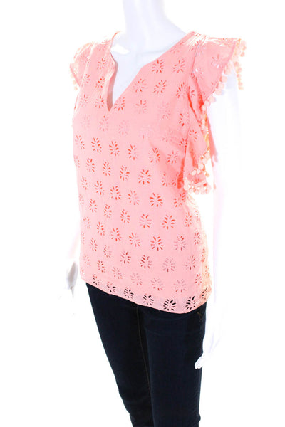 Lily Pulitzer Womens Cotton Eyelet Lace V Neck Pompom Trim Blouse Pink Size S