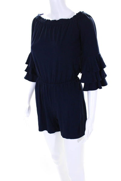 Lily Pulitzer Womens Off Shoulder Long Sleeve Ruffle Trim Romper Blue Size XXS