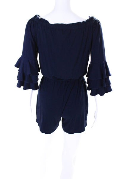 Lily Pulitzer Womens Off Shoulder Long Sleeve Ruffle Trim Romper Blue Size XXS