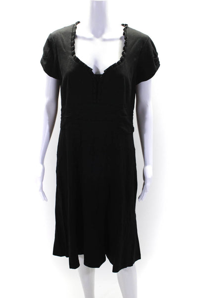 Nanette Lepore Womens Pleated Trim Short Sleeves V Neck A Line Dress Black Size