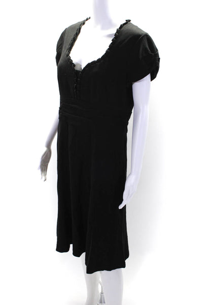 Nanette Lepore Womens Pleated Trim Short Sleeves V Neck A Line Dress Black Size