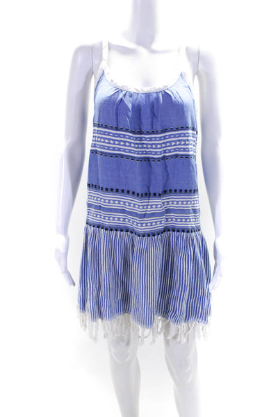 Lemlem WOmens Cotton Striped Tassel Trim Swimwear Coverup Blue Size L