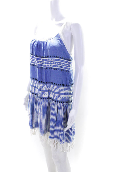 Lemlem WOmens Cotton Striped Tassel Trim Swimwear Coverup Blue Size L