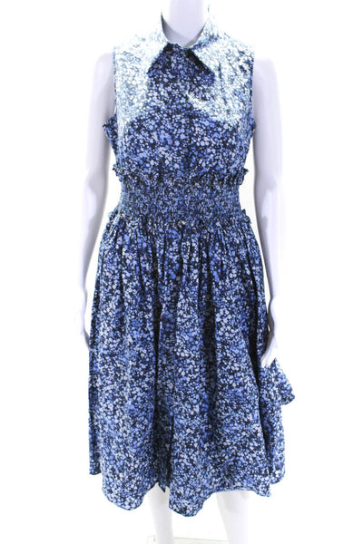 Michael Kors Collection Womens Floral Print Smocked Zip Maxi Dress Blue Size 6