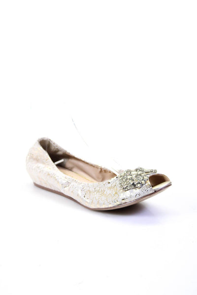 Arturo Chiang Womens Snakeskin Print Embellished Open Toe Flat Leather Beige 6.5