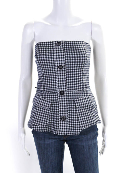 Eva Franco Womens Strapless Gingham Print Buttoned Peplum Blouse Blue Size L