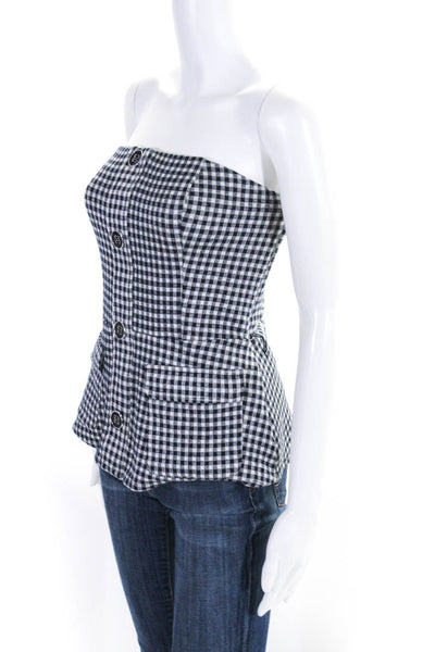 Eva Franco Womens Strapless Gingham Print Buttoned Peplum Blouse Blue Size L