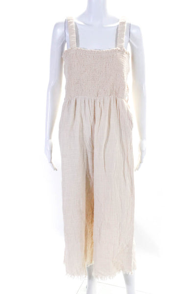 Loveriche Womens Cotton Smocked Caged Back Wide Leg Jumpsuit Beige Size L