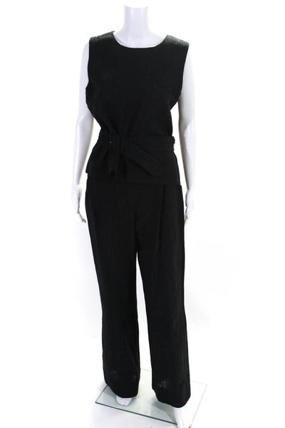 Uterque Womens Cotton Textured Belted 2 Piece Blouse Pants Set Black Size L