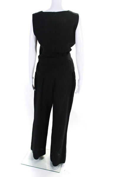 Uterque Womens Cotton Textured Belted 2 Piece Blouse Pants Set Black Size L