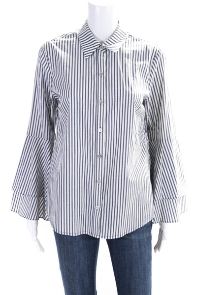 Michael Michael Kors Womens Cotton Striped Collared Button Up Blouse Blue Size M