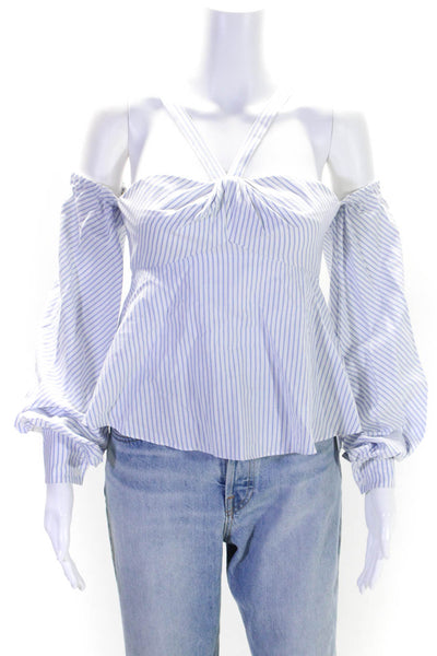 Jonathan Simkhai Womens Striped Off The Shoulder Blouse White Blue Cotton Size 0