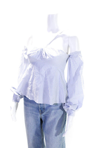 Jonathan Simkhai Womens Striped Off The Shoulder Blouse White Blue Cotton Size 0