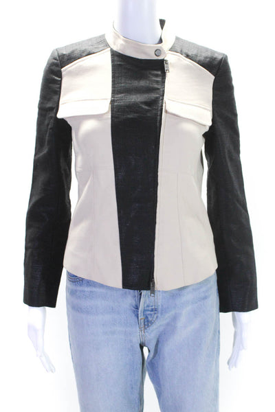 DKNY Womens Faux Leather Wrap Jacket Khaki Beige Black Cotton Blend Size 4