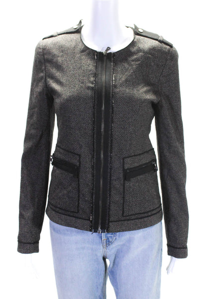 Elie Tahari Womens tweed Full Zipper Light Jacket Black Brown Wool Size 2