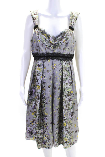 Nanette Lepore Womens Silk Floral Lace Trim V-Neck Sleeveless Dress Gray Size 12