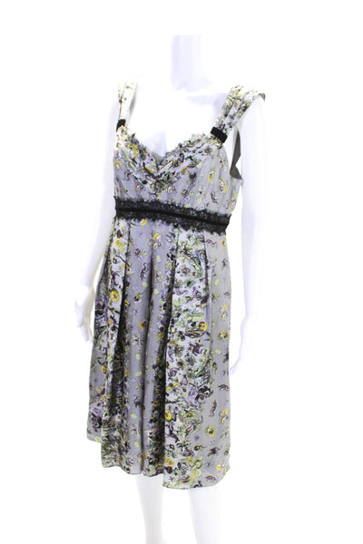 Nanette Lepore Womens Silk Floral Lace Trim V-Neck Sleeveless Dress Gray Size 12