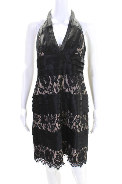 BCBGMAXAZRIA Womens Lace Pleated V-Neck Sleeveless Halter Dress Black Size 12