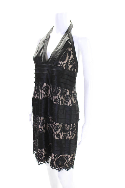 BCBGMAXAZRIA Womens Lace Pleated V-Neck Sleeveless Halter Dress Black Size 12