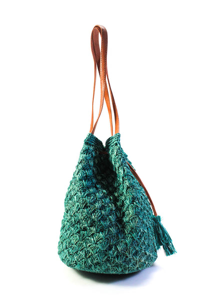 mar Y sol Womens Double Handle Drawstring Raffia Bucket Handbag Green Brown