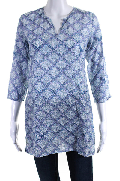 Roller Rabbit Womens 3/4 Sleeve V Neck Printed Tunic Top White Blue Size XS