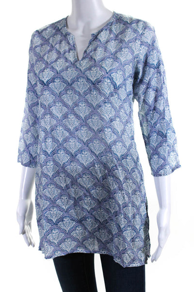 Roller Rabbit Womens 3/4 Sleeve V Neck Printed Tunic Top White Blue Size XS