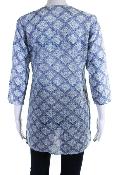 Roller Rabbit Womens 3/4 Sleeve V Neck Printed Tunic Top White Blue Size XS