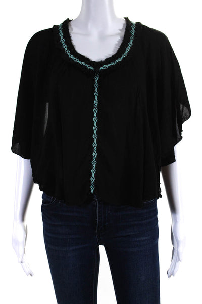 Poupette St. Barth Womens Short Sleeve Fringe Oversized Top Black One Size