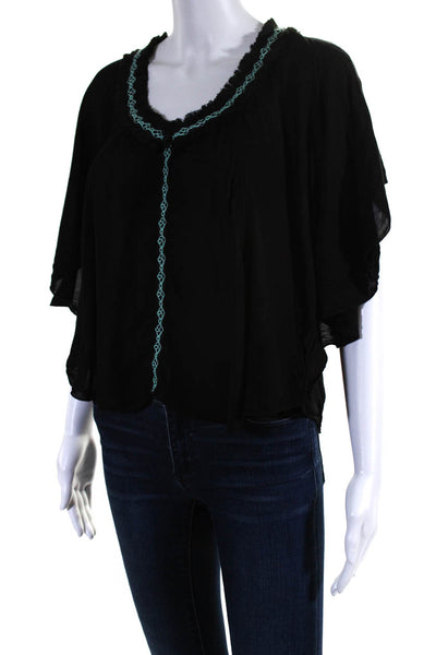 Poupette St. Barth Womens Short Sleeve Fringe Oversized Top Black One Size