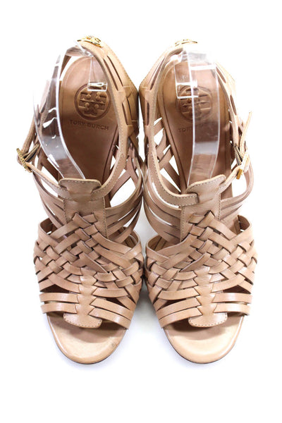 Tory Burch Womens Strappy Leather Buckle Up High Heels Sandals Beige Size 10M