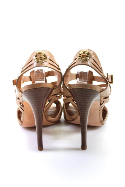 Tory Burch Womens Strappy Leather Buckle Up High Heels Sandals Beige Size 10M