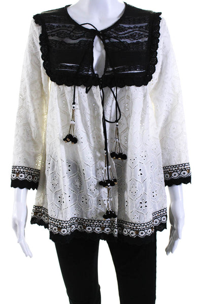 Hemant & Nandita Womens White Eyelet Tie Front Long Sleeve Blouse Top Size S